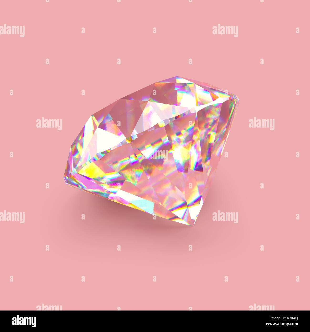 Shiny sparkling realistic diamond on rose gold background. Scratches and imperfections on the surface. 3D rendering. Stock Photo
