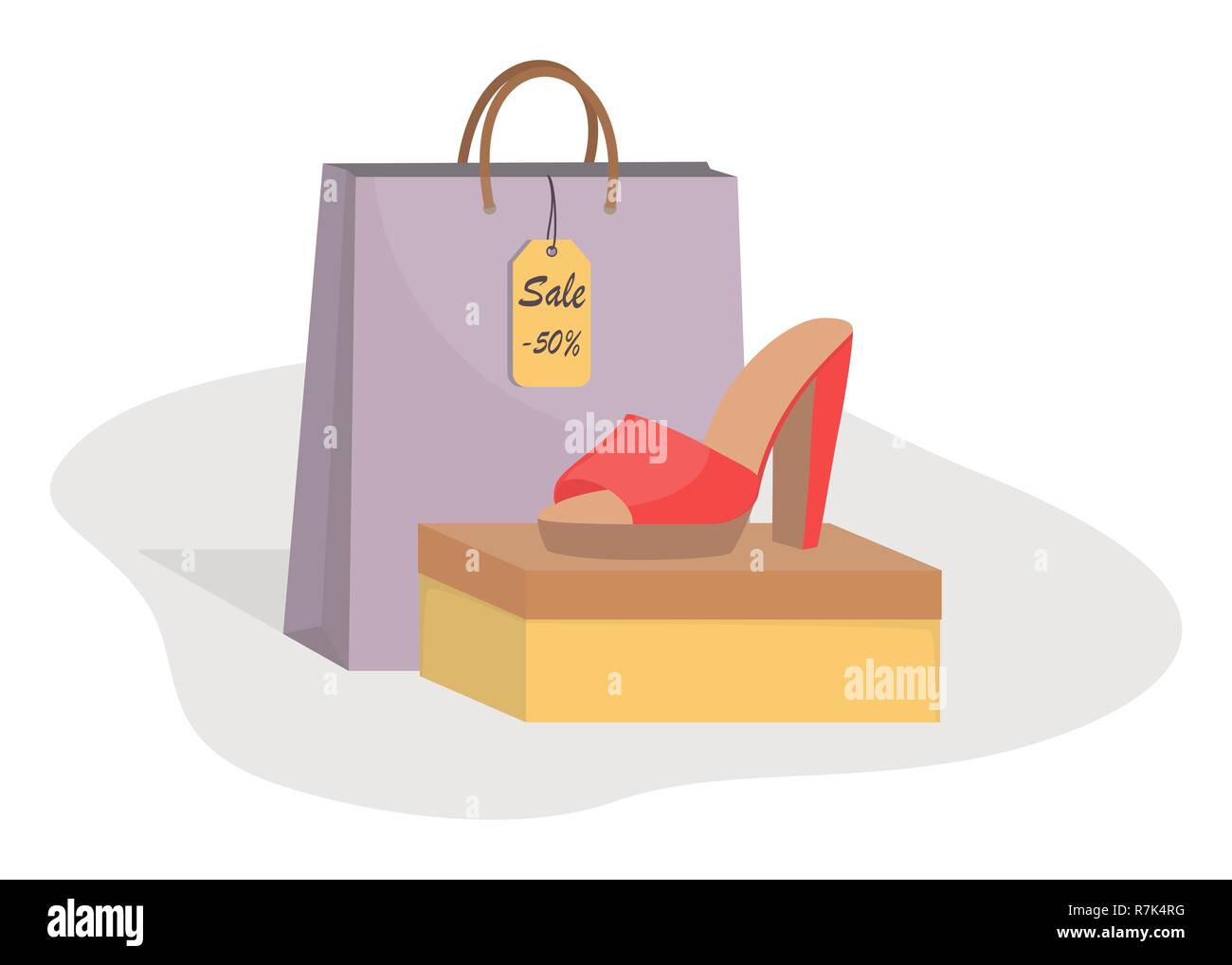 Stylish modern woman s shoes on box, side view, colorful paper bag and price tag with 50 percent discount. Sale in a shoe store. Footwear sale adverti Stock Vector