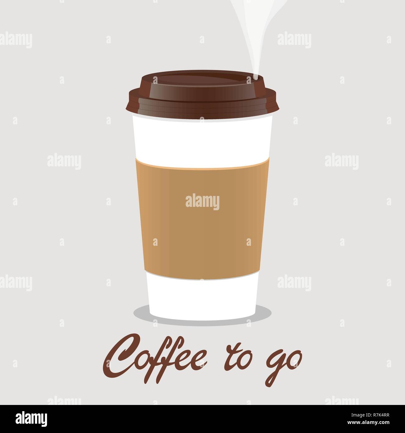 Coffee takeaway cup, realistic. Coffee to go lettering. Close up take-out coffee with brown cap and cup holder. Vector illustration for coffee shop, v Stock Vector