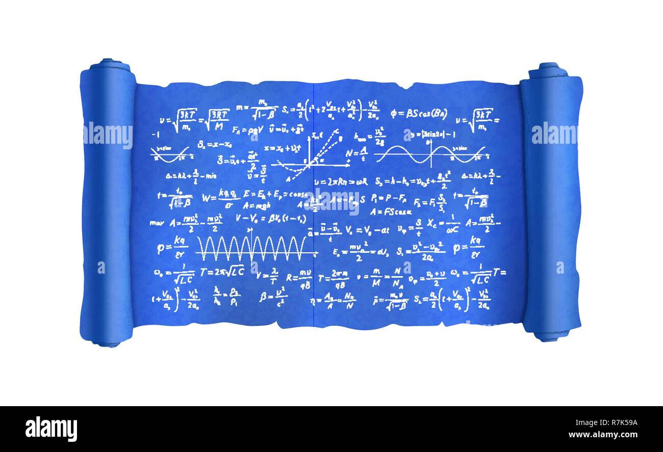 Scroll with lot of hand-drawn complicated scientific formulas and calculations, blueprint plan isolated on white Stock Vector