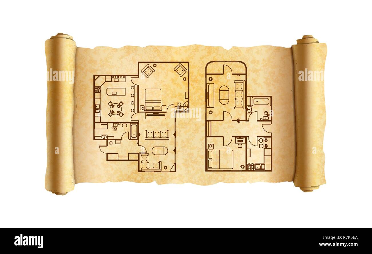 Old textured wide papyrus scroll with architect house plans on white Stock Vector