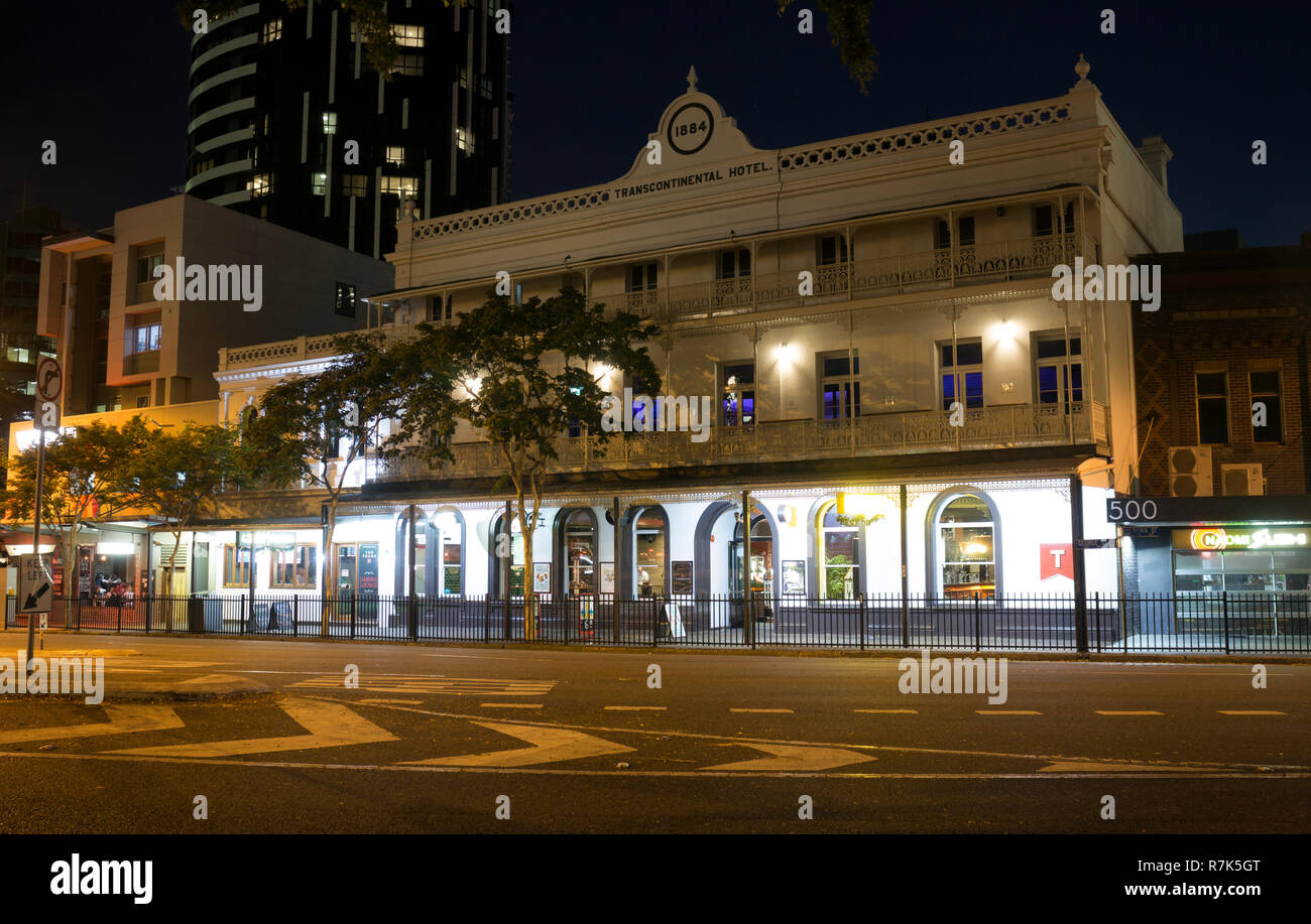 Transcontinental Hotel at night, George Street, Brisbane, Queensland, Australia Stock Photo