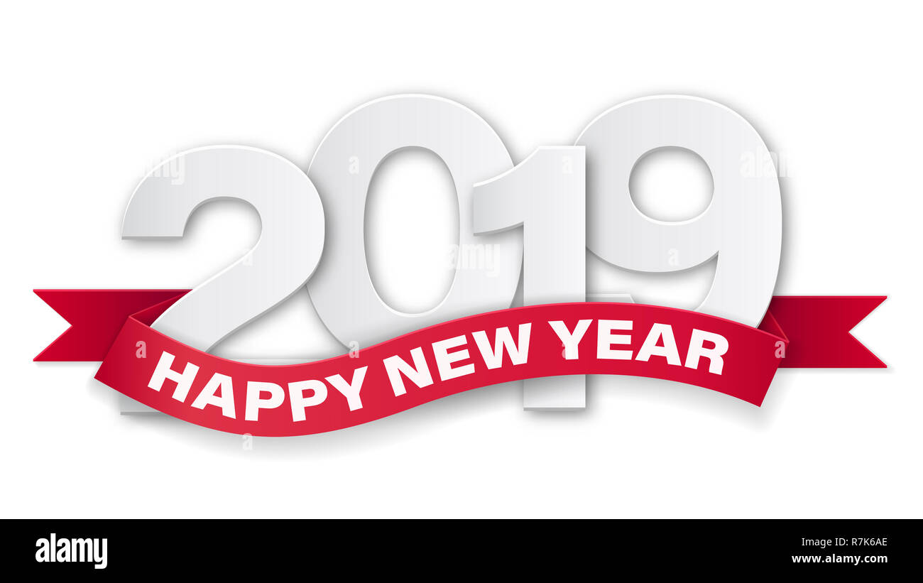 Happy new year 2019. Paper numbers with text on red ribbon. Vector template for greeting card, invite card or flyer with sale promotion. Stock Photo