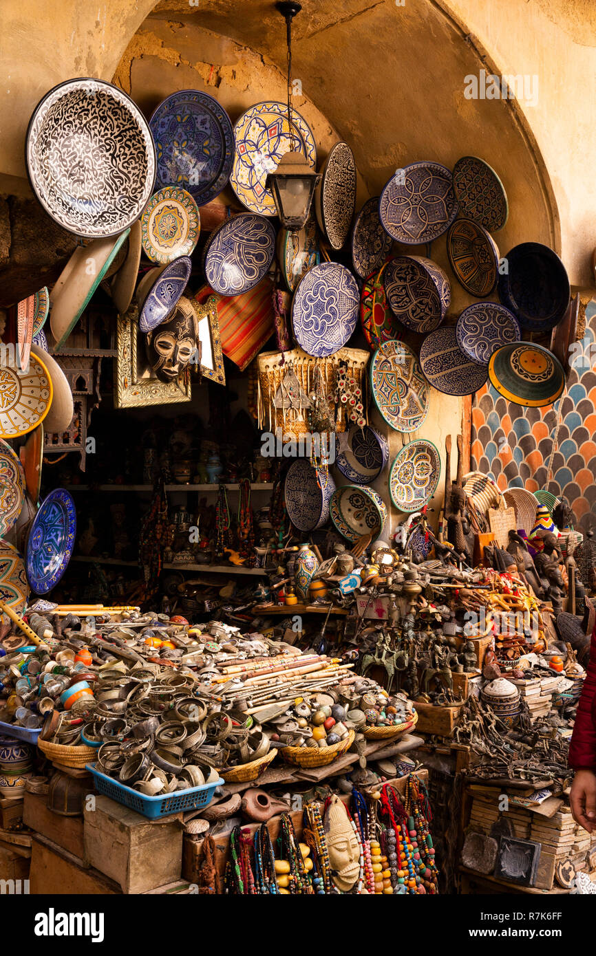 Morocco, Fes, Fes el Bali, Medina, Talaa Seghira, tourist antiques stall selling old pottery and jewellry Stock Photo