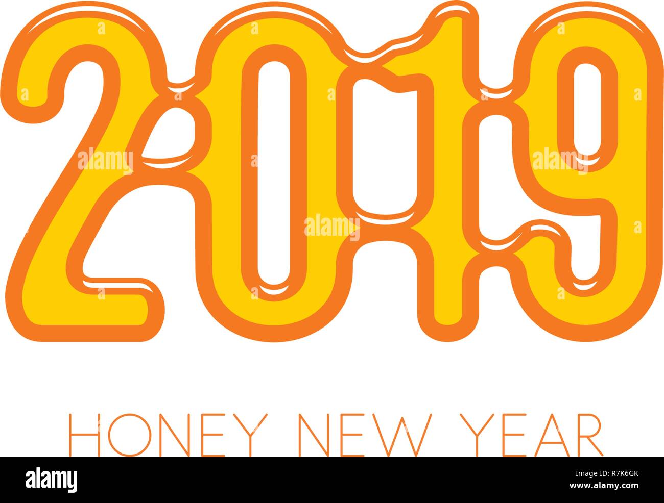 Sweet honey new year 2019, vector illustration. Yellow candied logo template on white background
