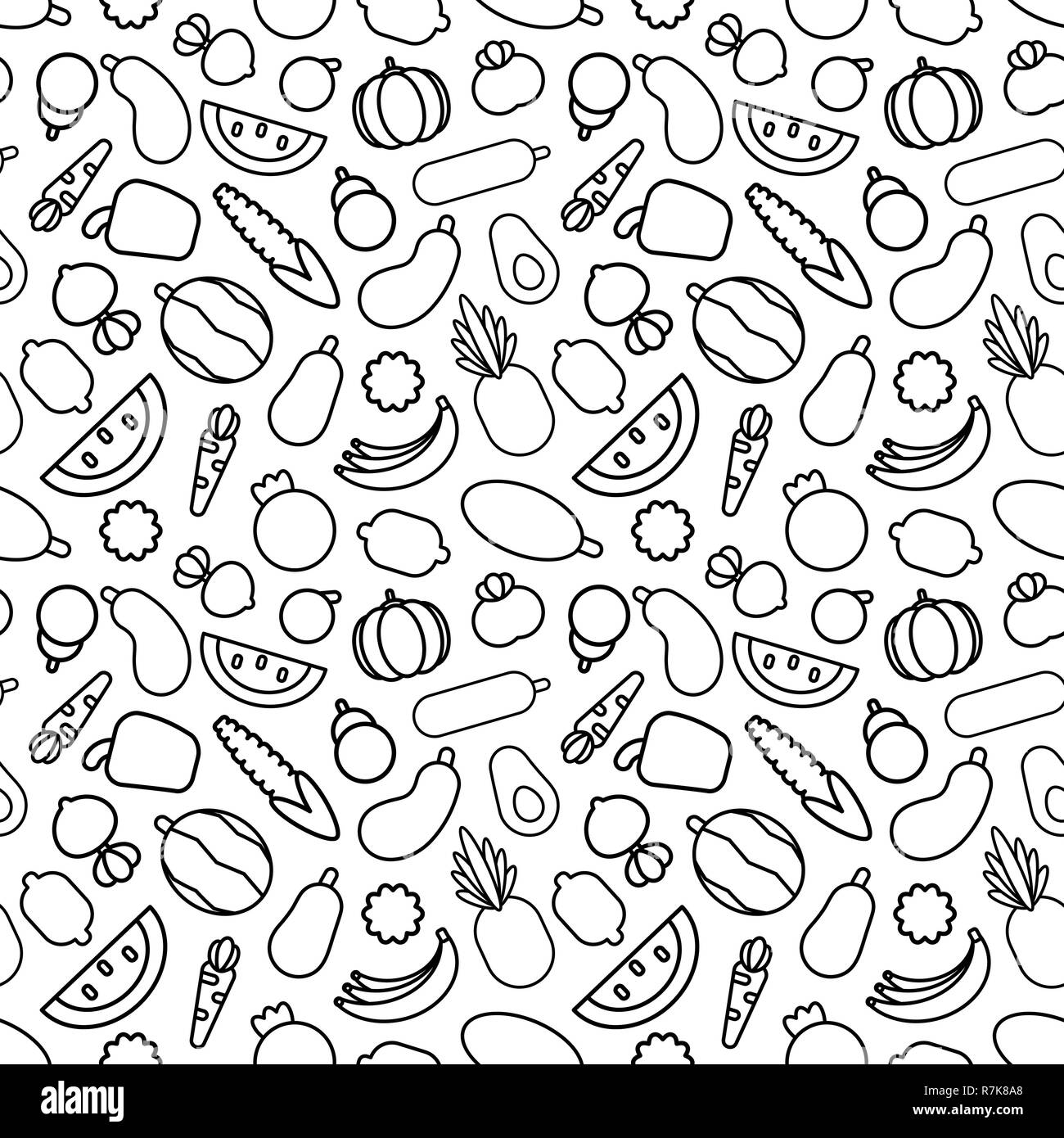 Cartoon cute fruits and vegetables on white background. Seamless pattern. Linear coloring illustration. Stock Vector