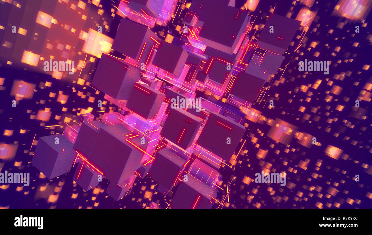 Cyberspace 3d illustration of glowing pink cubes keeping together as a macrostructure in the dark violet background. They generate the mood of innovat Stock Photo