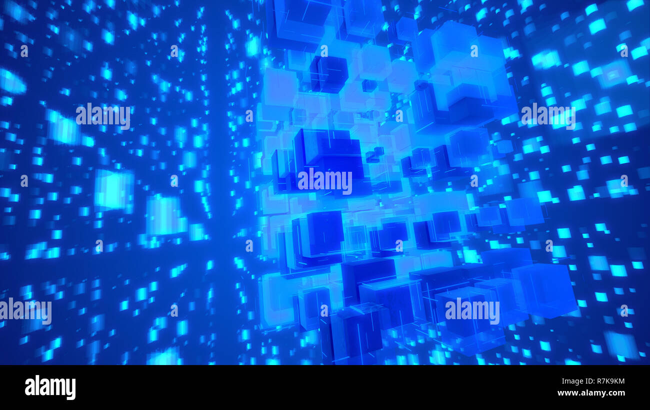 Hi-tech 3d illustration of glittering light blue cubes fixed together as a macrostructure in the blue background. The shining squares fly hign and cre Stock Photo
