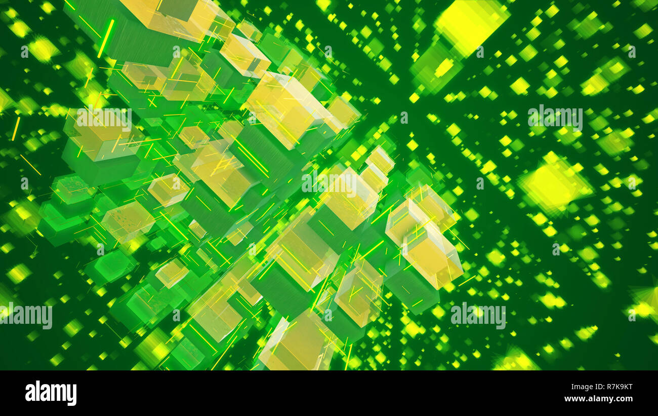 Artistic 3d illustration of shimmering yellow cubes fixed together as a macrostructure in the light green background with flying squares. They create  Stock Photo