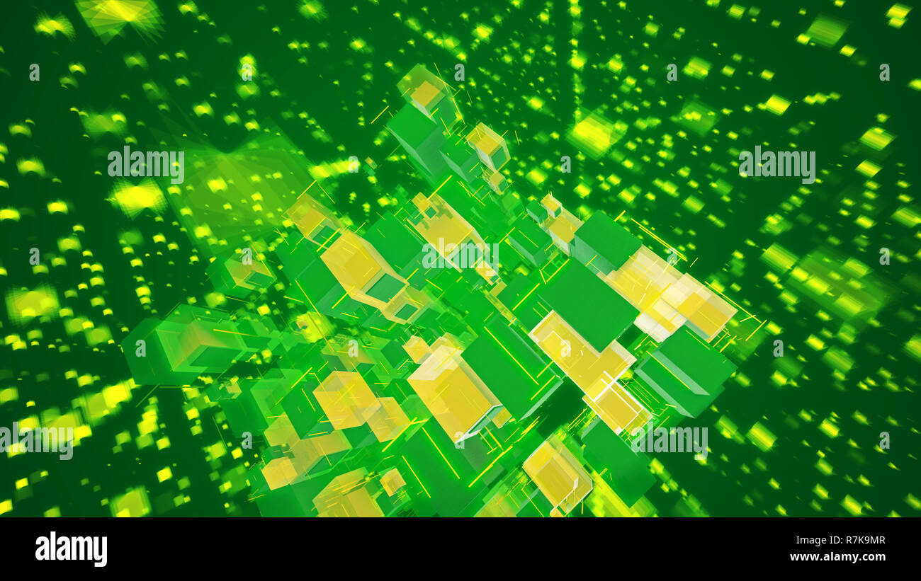 Gorgeous 3d illustration of soaring yellow cubes fixed together as a macrostructure in the salad background with flying and glowing square spots and s Stock Photo