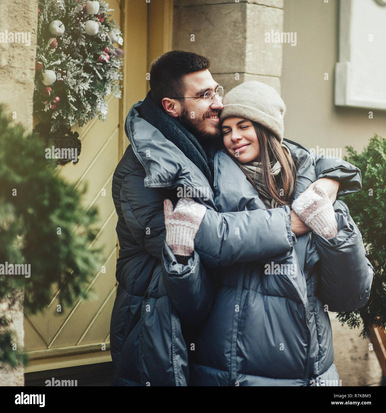Young Romantic Couple Is Having Fun Outdoors In Winter Before Ch Stock Photo Alamy https www alamy com young romantic couple is having fun outdoors in winter before ch image228463653 html