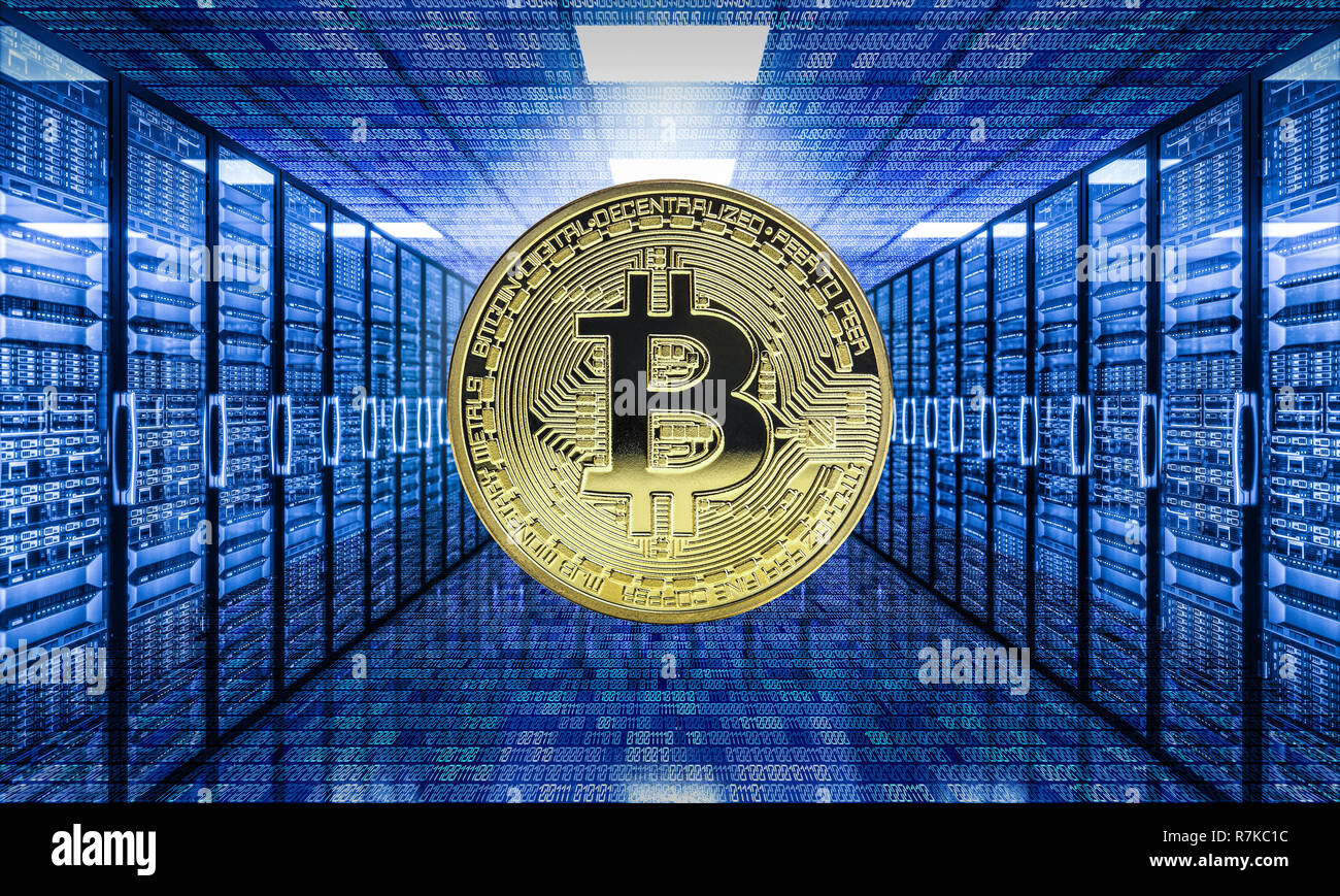 bitcoin coin in modern server farm 3d rendering image Stock Photo
