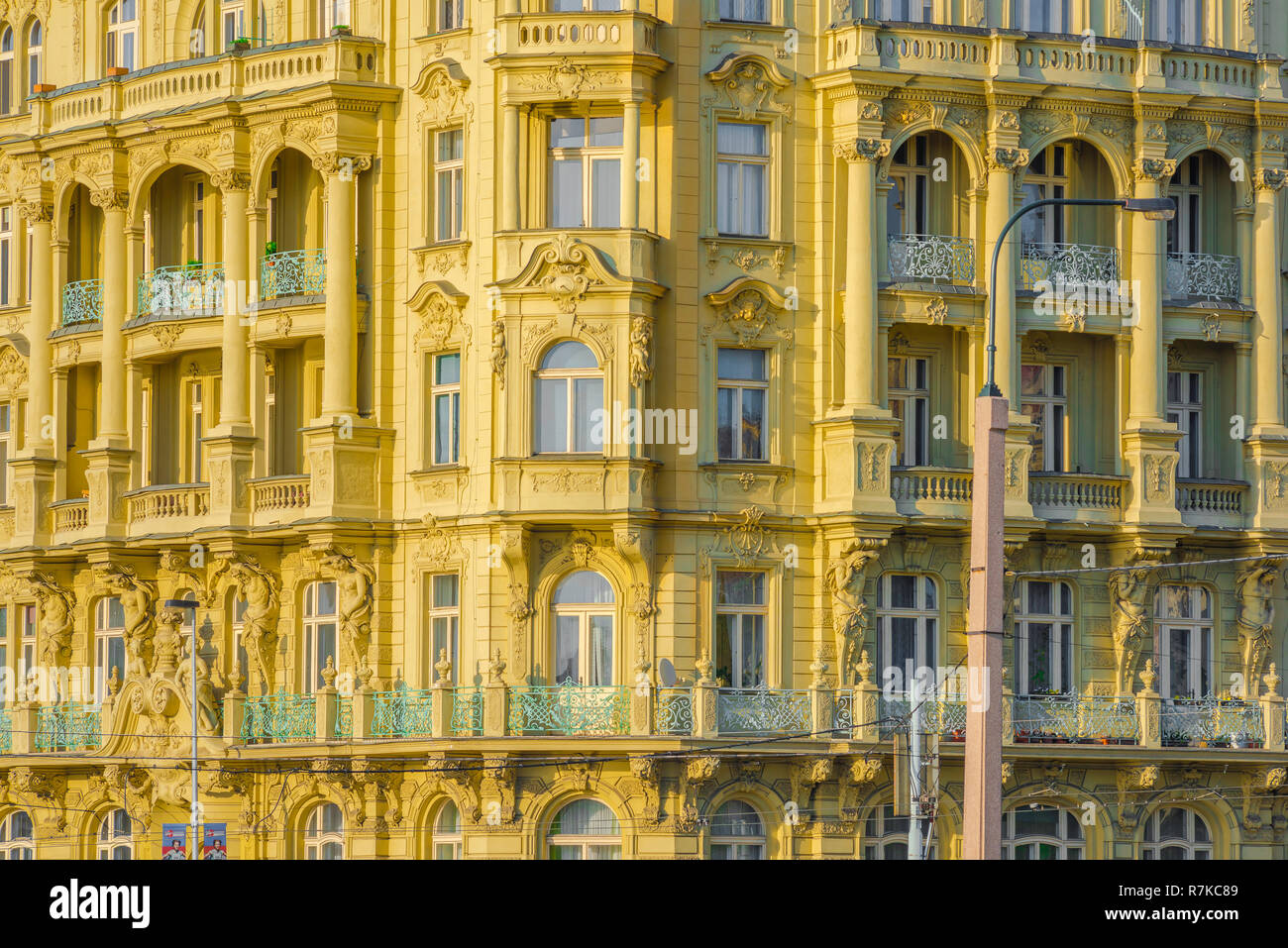 Prague hotel, view of the colorful facade of a typical Art Nouveau hotel building in the Nove Mesto district of Prague, Czech Republic. Stock Photo