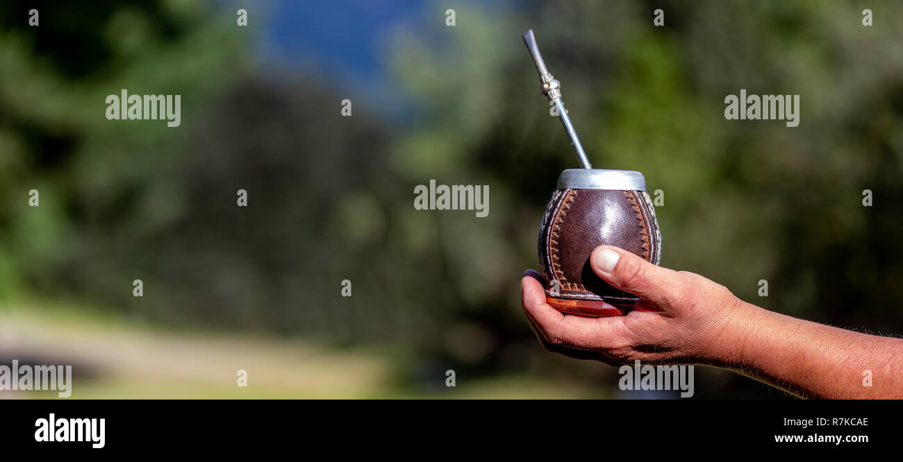 Man holding calabash yerba mate in nature. Travel and adventure concept. Latin American drink