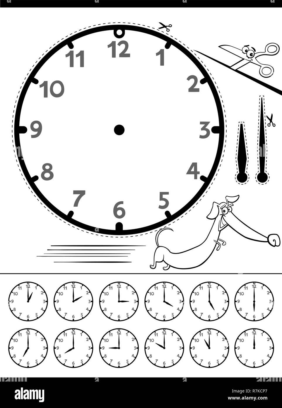 Black and White Cartoon Illustrations of Clock Face Telling Time