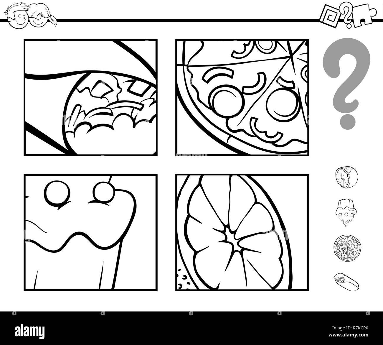 Black and White Cartoon Illustration of Educational Activity Game of Guessing Food Objects for Children Coloring Book Stock Vector