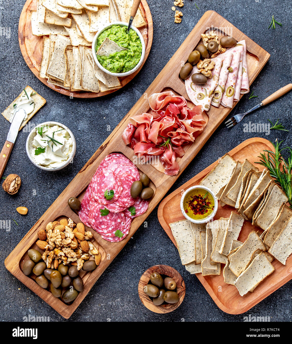 Antipasto Platter. Ham serrano, salami olive jamon dip sauces and red