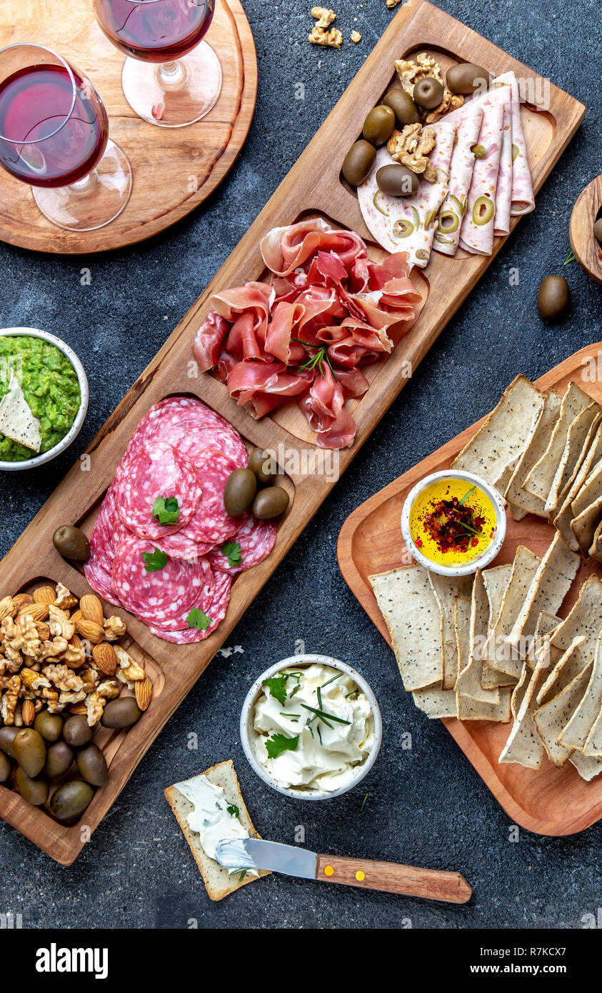 Antipasto Platter. Ham serrano, salami olive jamon dip sauces and red