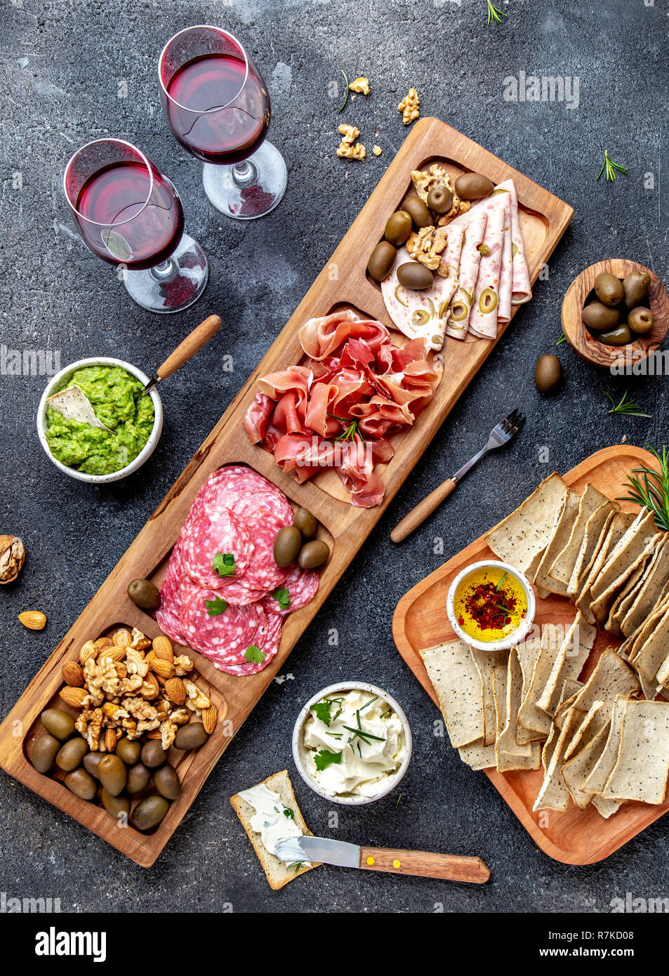 Antipasto Platter. Ham serrano, salami olive jamon dip sauces and red