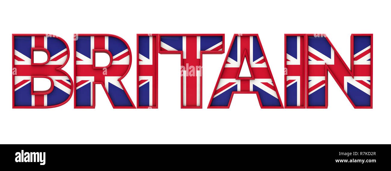 Britain word made from union jack flag lettering. 3D Rendering Stock
