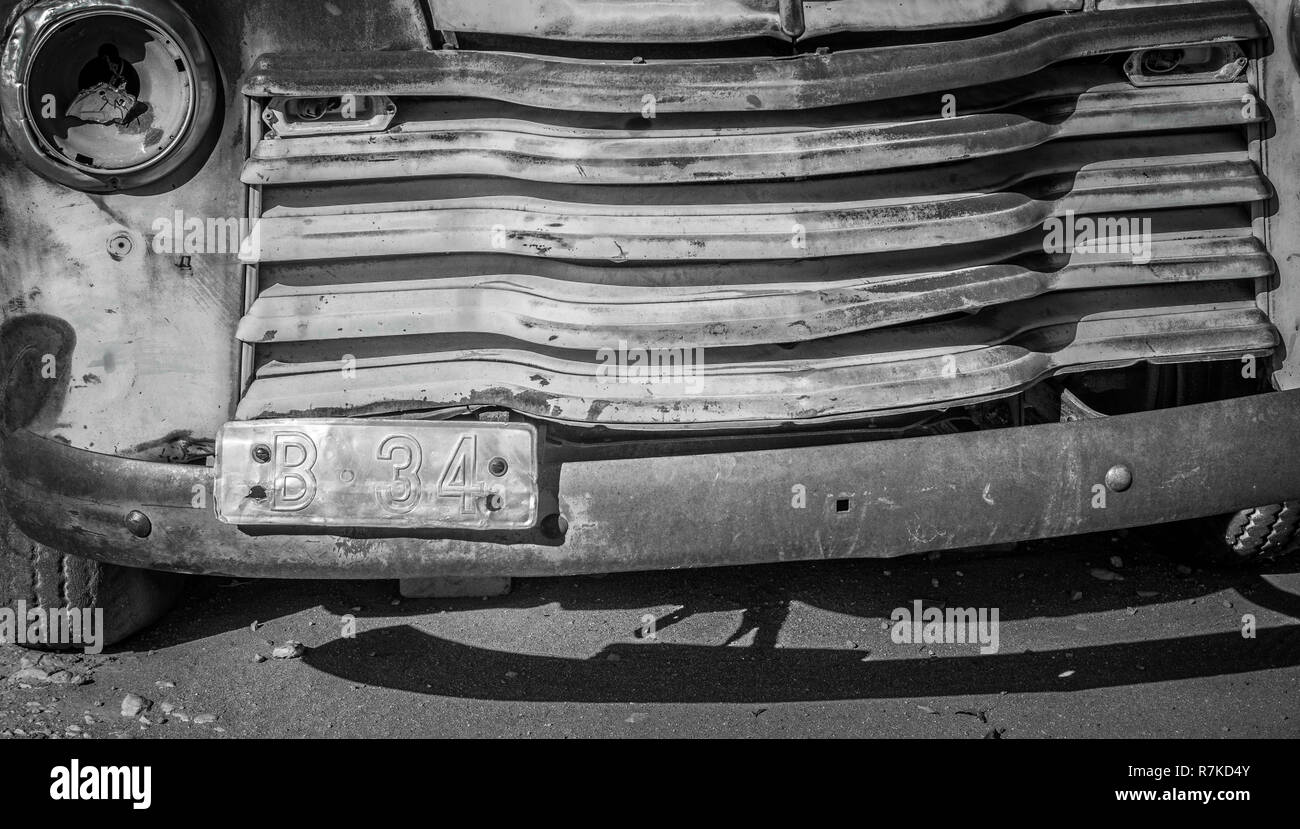 Front of an old car in the Namibien desert Stock Photo