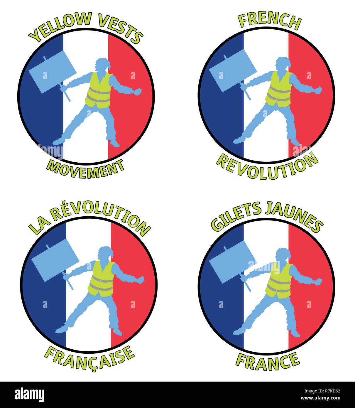 Yellow vests protester silhouette designs with French flag. All the objects are in different layers and the text types do not need any font. Stock Vector