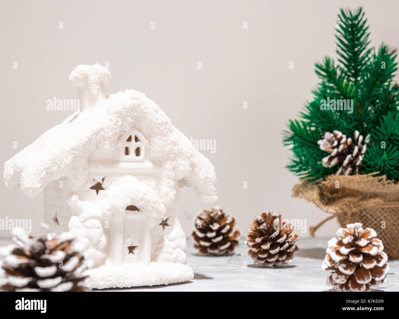 Christmas Tree White House 2019 Christmas card. white house, cones, tree. Christmas background Christmas Tree White House 2019 Christmas card. white house, cones, tree. Christmas background