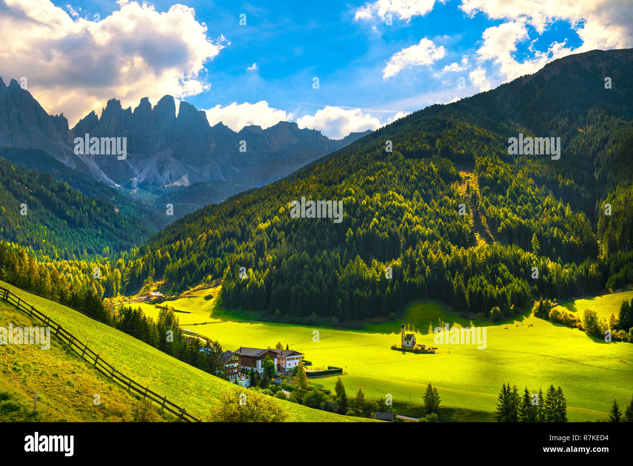 San Giovanni or St Johann in Ranui chapel, Funes Valley, Dolomites Alps. Trentino Alto Adige Sud Tyrol, Italy, Europe Stock Photo