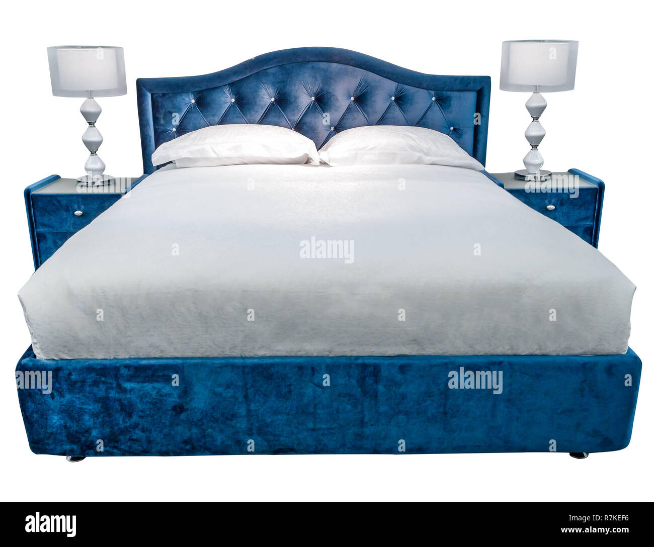 Luxury White Blue Modern Bed Furniture With Patterned Cover