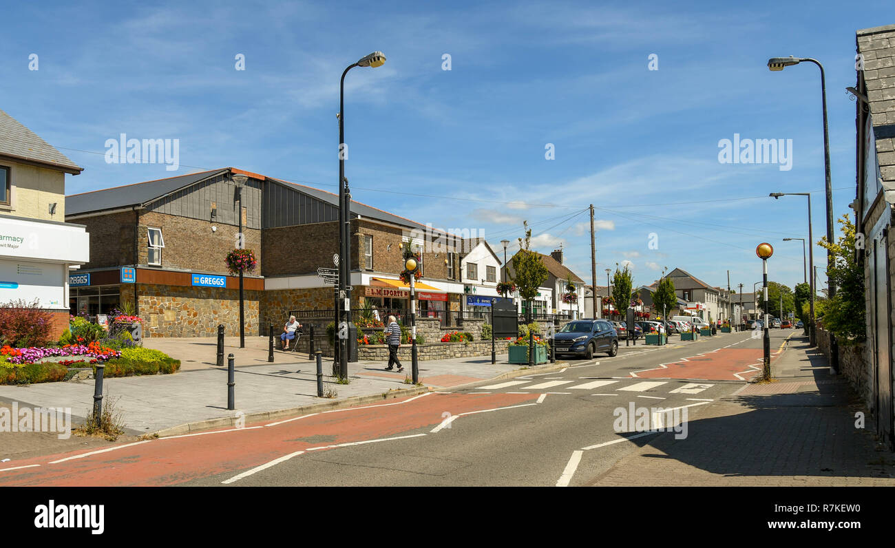 Wide angle view of the main street through Llantwit Major in the Vale of Glamorgan, Wales Stock Photo