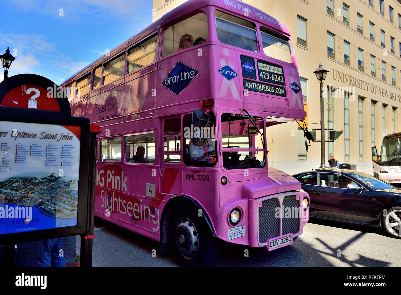 A pink double deck tour bus traveling on the street in Saint John New Brunswick Canada. Stock Photo