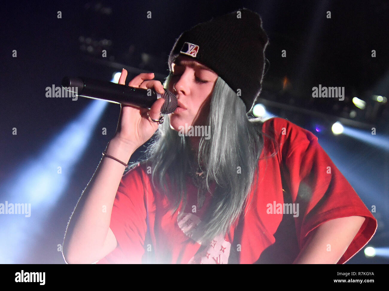 INGLEWOOD, CA - DECEMBER 09: Billie Eilish performs onstage during KROQ Absolut Almost Acoustic Christmas 2018 at The Forum on December 9, 2018 in Inglewood, California. Photo: imageSPACE/MediaPunch Stock Photo