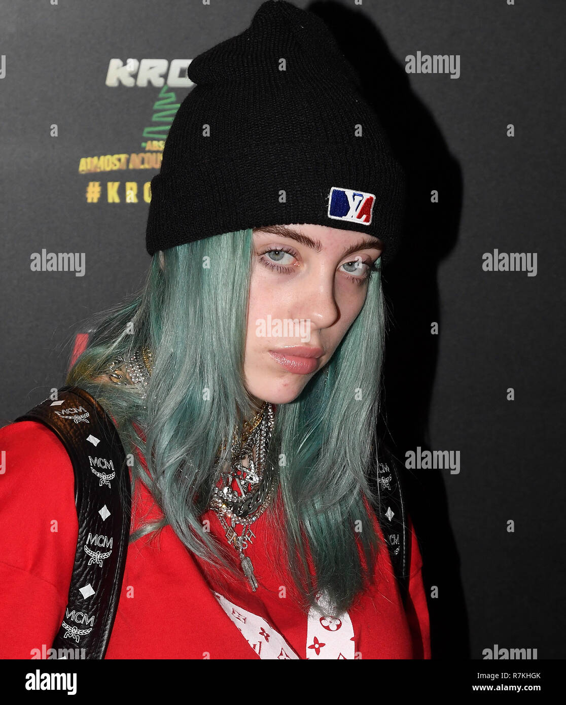 INGLEWOOD, CA - DECEMBER 09: Billie Eilish poses backstage during KROQ Absolut Almost Acoustic Christmas 2018 at The Forum on December 9, 2018 in Inglewood, California. Photo: imageSPACE/MediaPunch Stock Photo