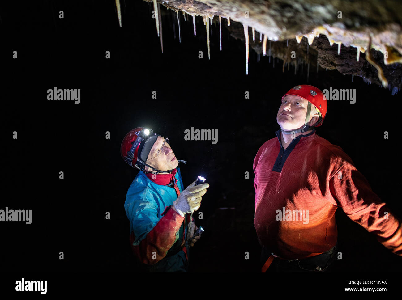 20 November 2018, North Rhine-Westphalia, Bad Wünnenberg: Cave explorers Andreas Schudelski (r) and Stefan Henscheid use their torches to illuminate the greenish-blue stalactites hanging from the ceiling of the Malachite Cathedral stalactite cave. The stalactite cave in the middle of a producing quarry has been saved for the time being. As a spokeswoman of the Paderborn district reported on 10.12.2018, an application by the quarry operator to dismantle the cave, which is under nature conservation, was rejected. Due to its enormous dimensions and the blue and green stalactites, the cave occupie Stock Photo