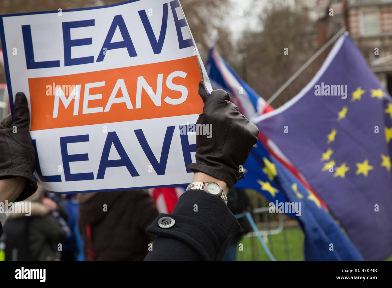 London, UK. 10th Dec, 2018. Pro Brexit protesters demonstrate with placards outside the Houses of Parliament. Credit: Thabo Jaiyesimi/Alamy Live News Stock Photo