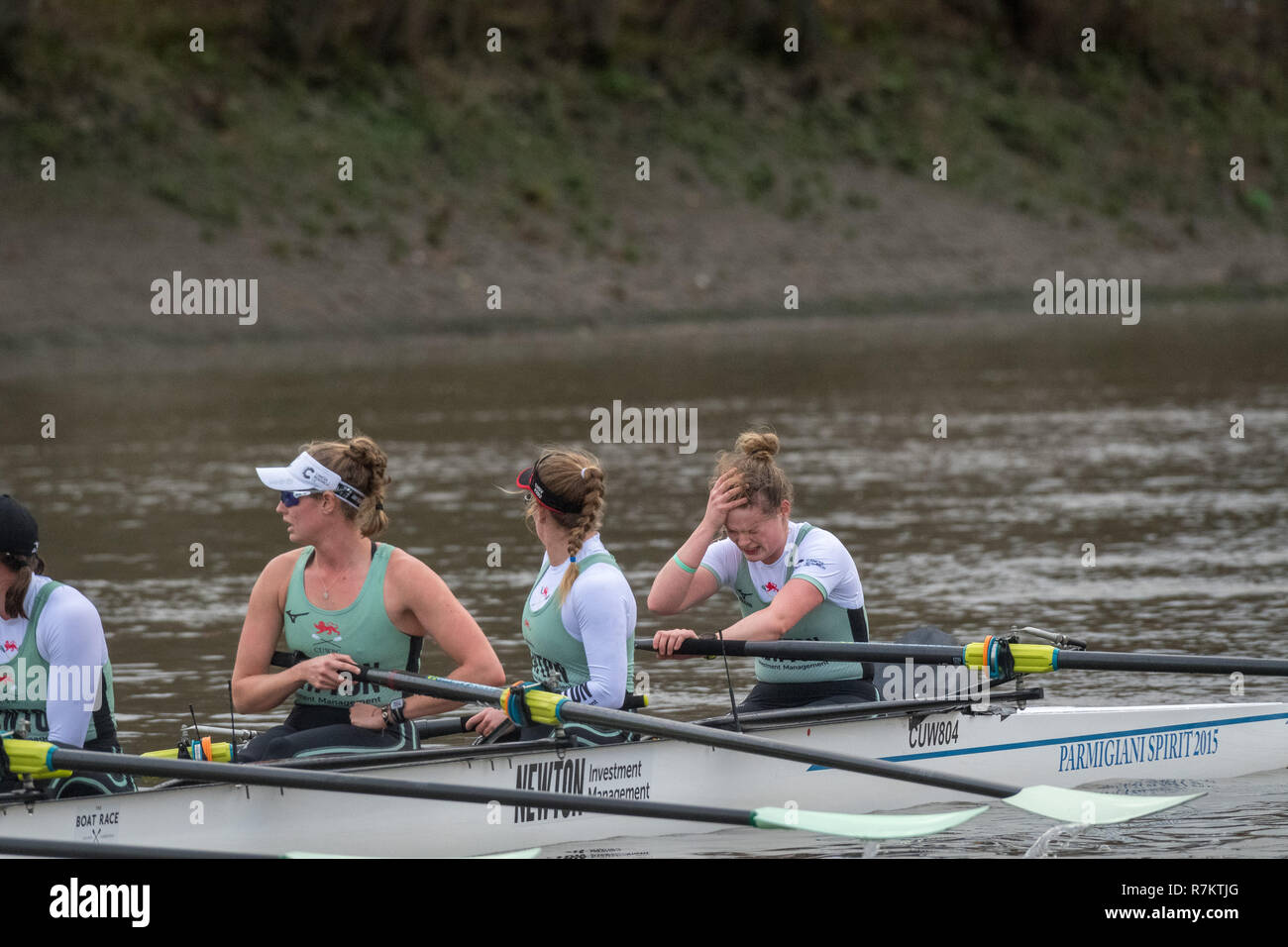 London, UK. 10th December 2018. Boat Race Trial VIIIs (Eights) are the only opportunity either side have to race the full course from Putney to Mortlake with the Race Umpires, so provide an important test for rowers and coxes alike. They allow coaching teams to analyse the progression and potential and are often influential in final selection of crews for the Blue Boats. The first Trial Eights race was staged by Oxford 153 years ago in 1859 and Cambridge joined the tradition three years later in 1862. This year CUWBC have chosen to name their crews after two Nobel Prize winning women, Marie Stock Photo