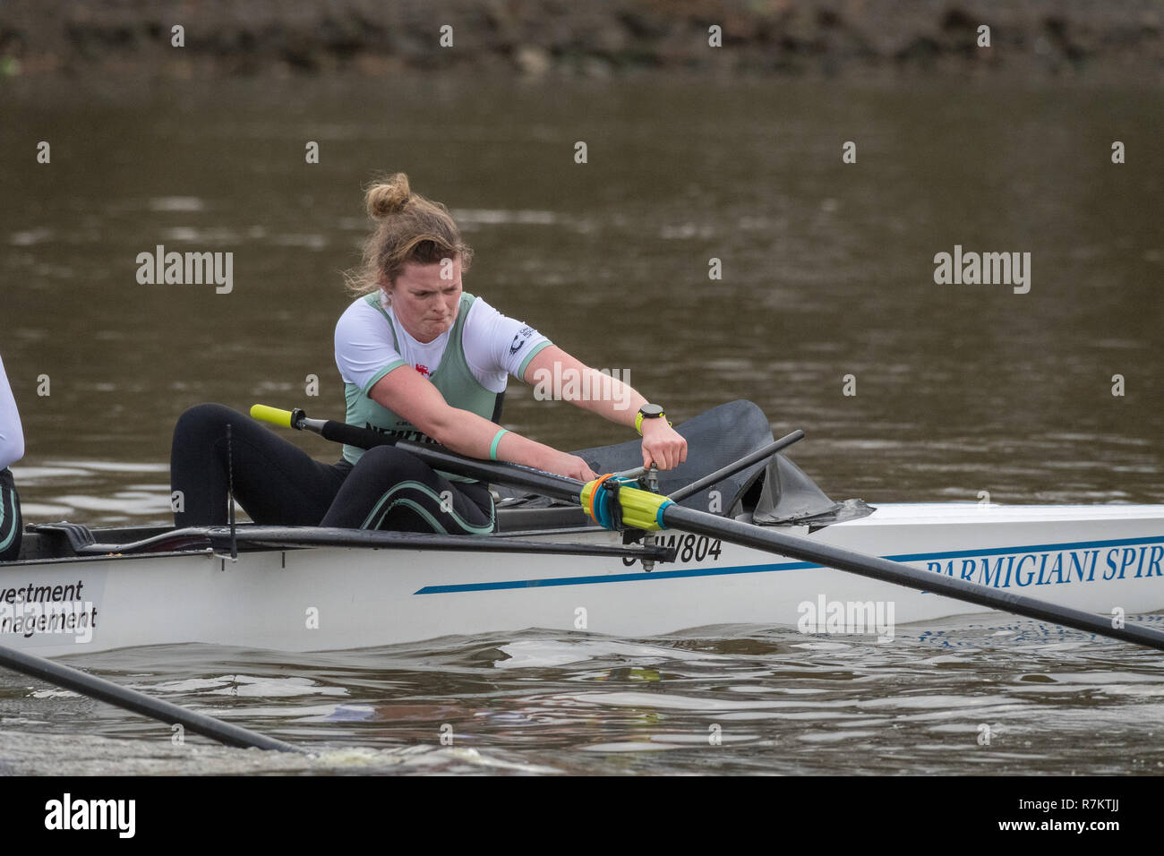 London, UK. 10th December 2018. Boat Race Trial VIIIs (Eights) are the only opportunity either side have to race the full course from Putney to Mortlake with the Race Umpires, so provide an important test for rowers and coxes alike. They allow coaching teams to analyse the progression and potential and are often influential in final selection of crews for the Blue Boats. The first Trial Eights race was staged by Oxford 153 years ago in 1859 and Cambridge joined the tradition three years later in 1862. This year CUWBC have chosen to name their crews after two Nobel Prize winning women, Marie Stock Photo