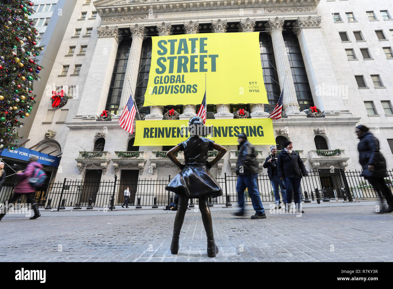 New York, USA. 10th Dec 2018. "Fearless Girl" is seen on the street in  front of the New York Stock Exchange in New York, the United States, Dec.  10, 2018. "Fearless Girl,"