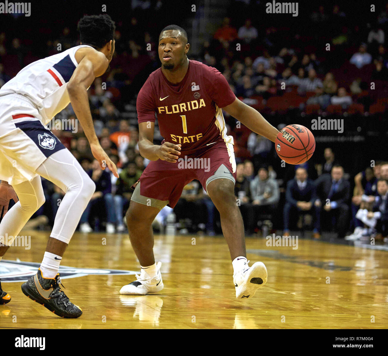 Newark, New Jersey, USA. 8th Dec, 2018. Florida State Seminoles forward Raiquan Gray (1) during the Never Forget Tribute Classic between the Florida State Seminoles and the UConn Huskies at the Prudential Center in Newark, New Jersey. Florida State defeated UConn 82-71. Duncan Williams/CSM/Alamy Live News Stock Photo