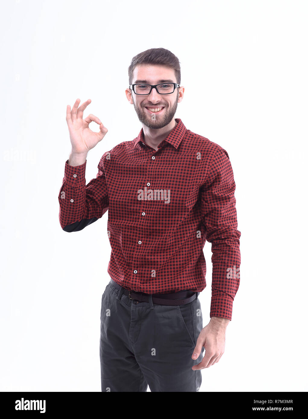successful young man wearing glasses showing the OK sign.isolated on ...