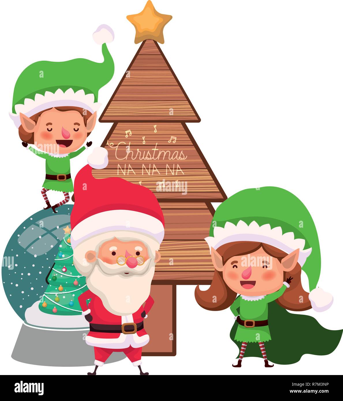 couple of elves and santa claus with christmas tree Stock Vector Image ...