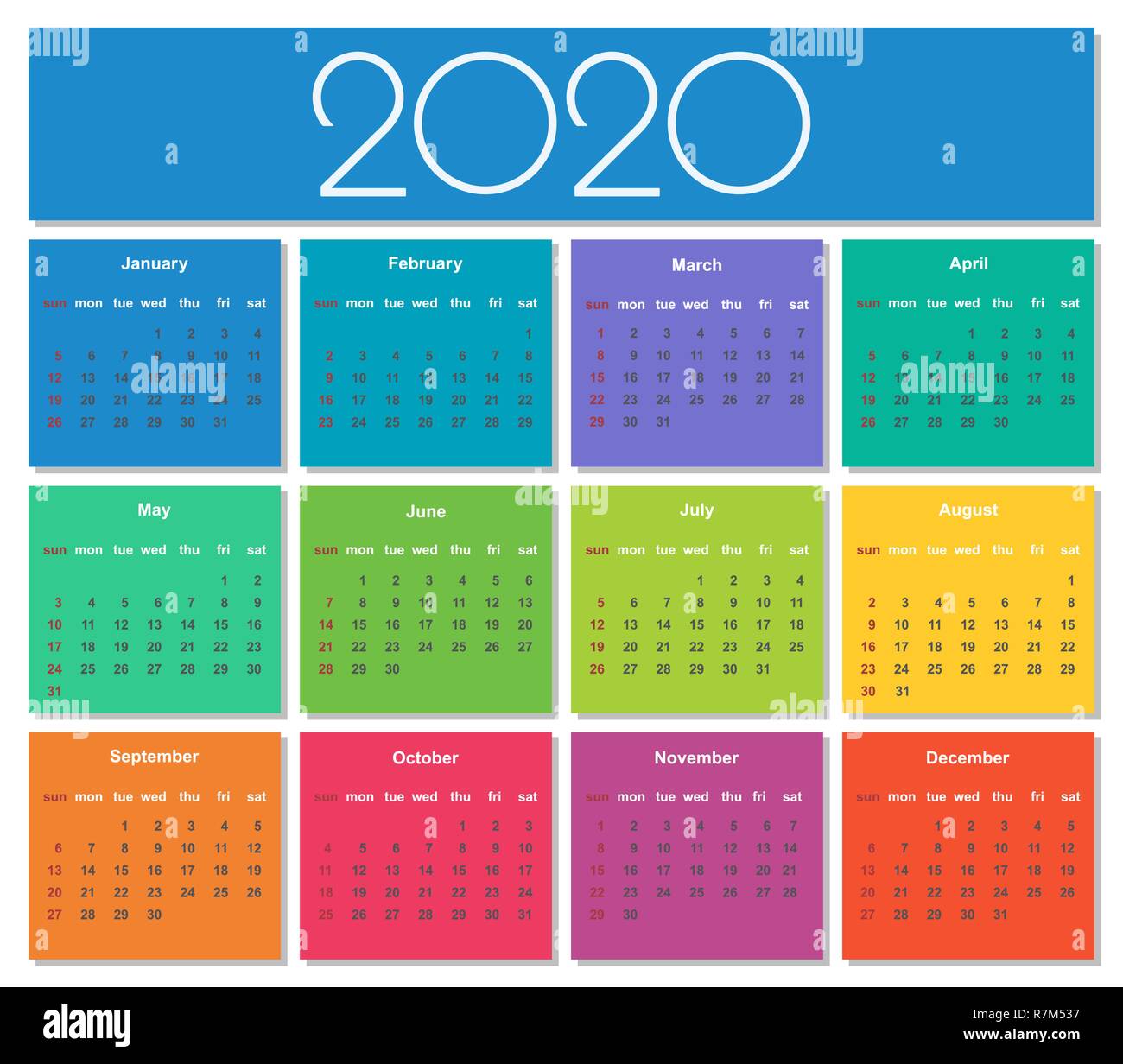 Colorful year 2020 calendar. Simple Vector Template. Isolated illustration Stock Vector