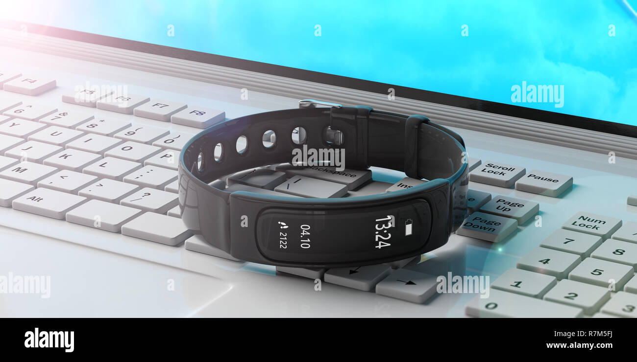 Fitness and technology, healthy lifestyle. Fitness tracker, smart watch on a computer, laptop, closeup view. 3d illustration Stock Photo