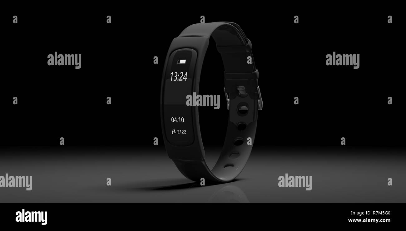 Fitness and technology, healthy lifestyle. Fitness tracker, smart watch, black, on black background, copy space. 3d illustration Stock Photo