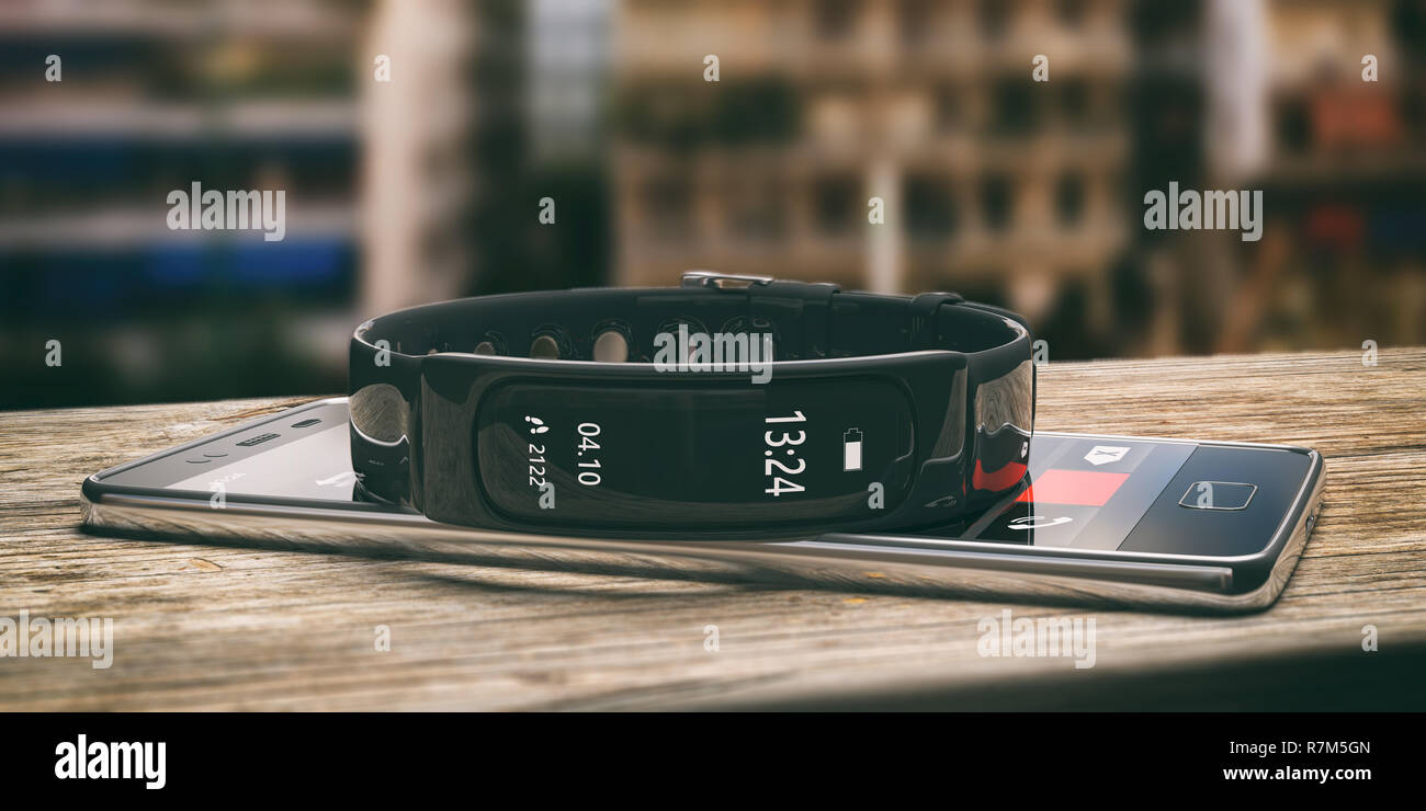 Fitness and technology, healthy lifestyle. Fitness tracker, smart watch and mobile phone on wooden desk, blur background. 3d illustration Stock Photo