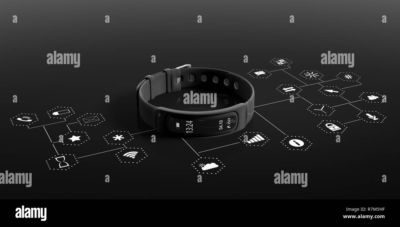 Fitness and technology, healthy lifestyle. Fitness tracker, smart watch, on black background with apps symbols. 3d illustration Stock Photo