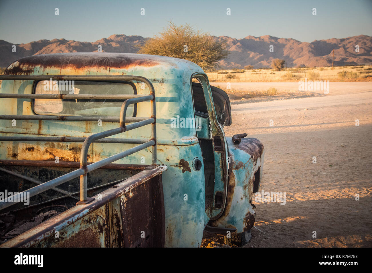 Old car wreck at Solitare, Namibia Stock Photo