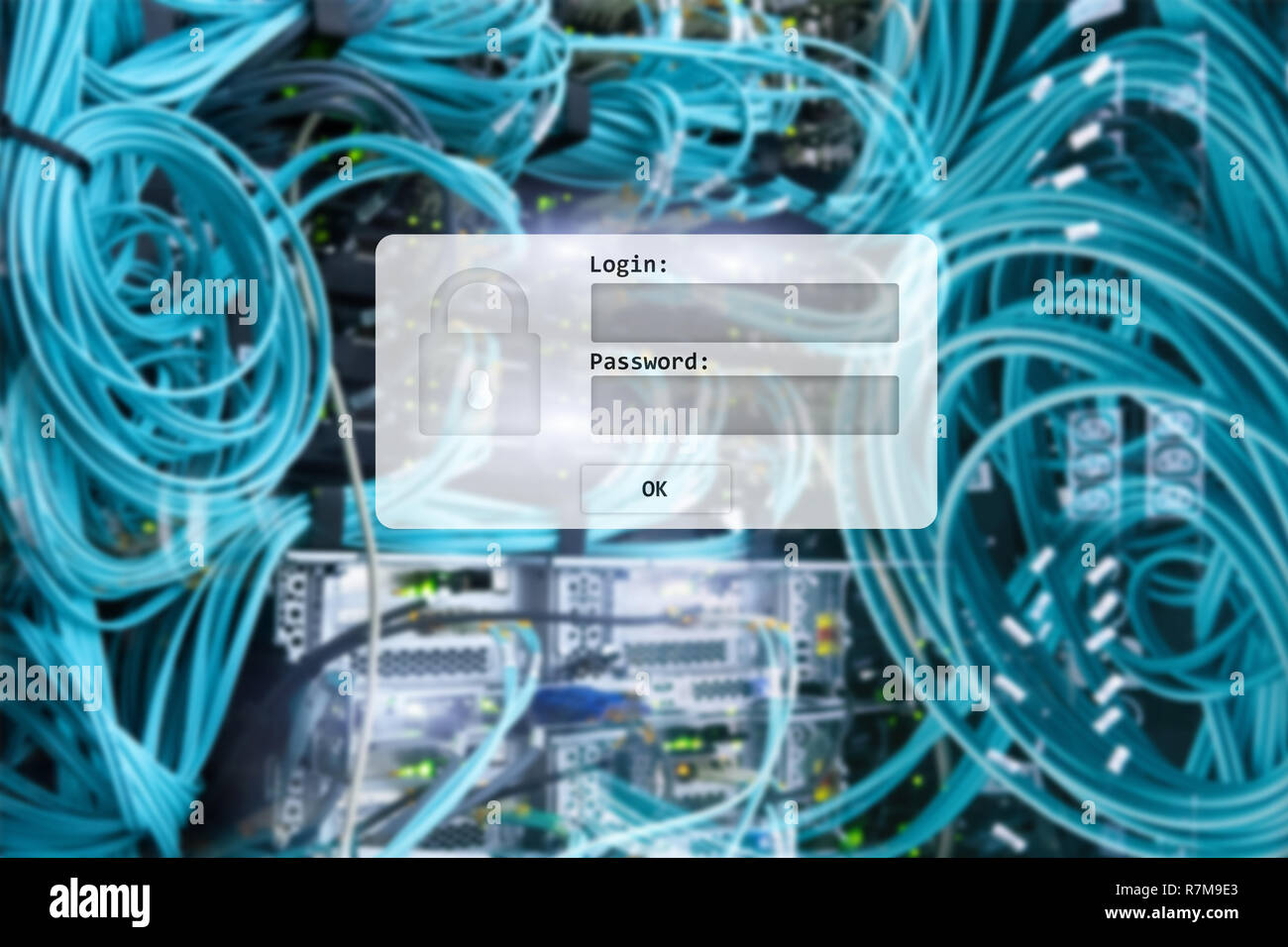 Server room, login and password request, data access and security. Stock Photo