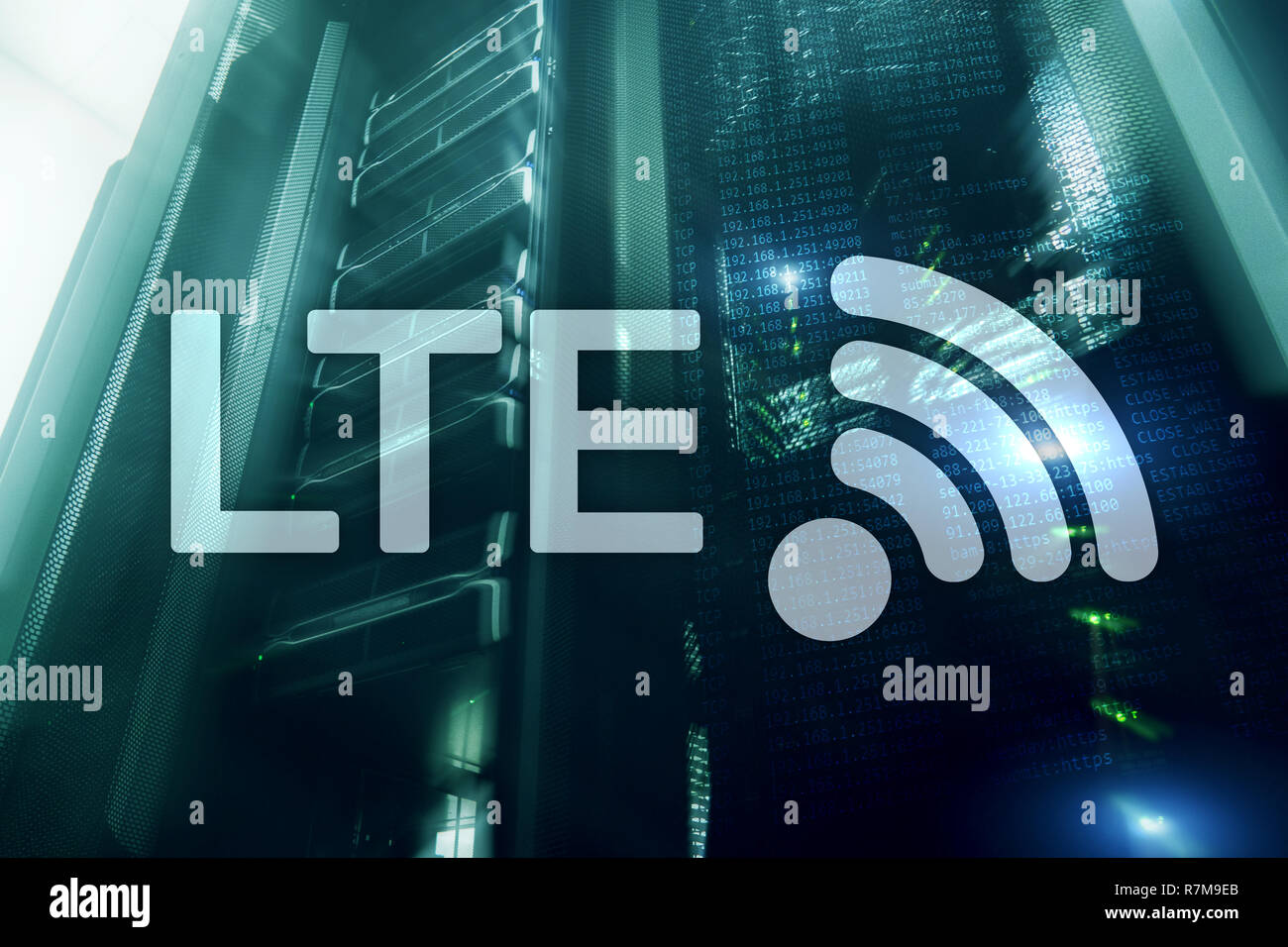 LTE, 5g wireless internet technology concept. Server room.. Stock Photo