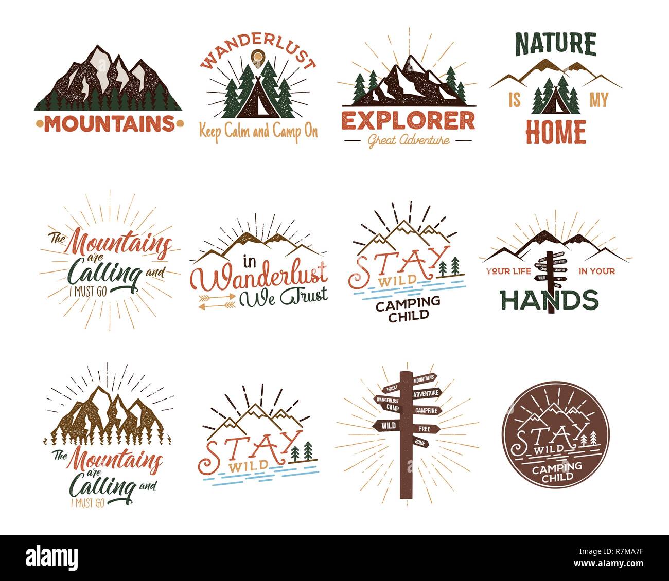 Set of vintage hand drawn travel badges. Camping labels concepts. Mountain  expedition logo designs. Travel badges, retro camp logotypes collection.  Stock vector patches isolated, Stock vector